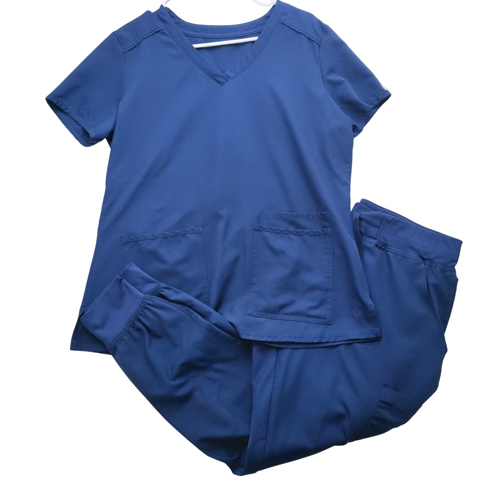 Med Couture Scrubs Set Navy Blue Medium Womens Jogger Cargo Pants V Neck Top